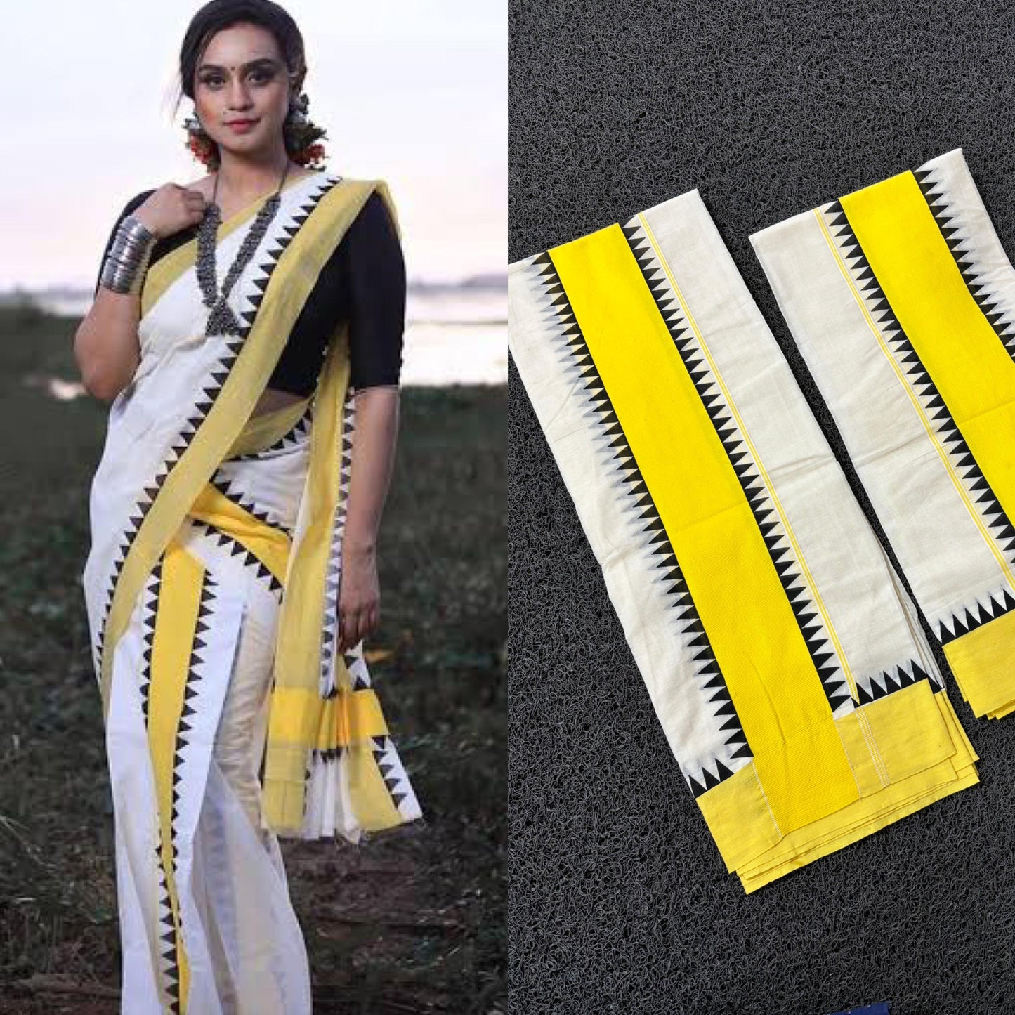 Kerala Pure Cotton Set Mundu Single (Mundum Neriyathum) with Yellow and Black Temple Border