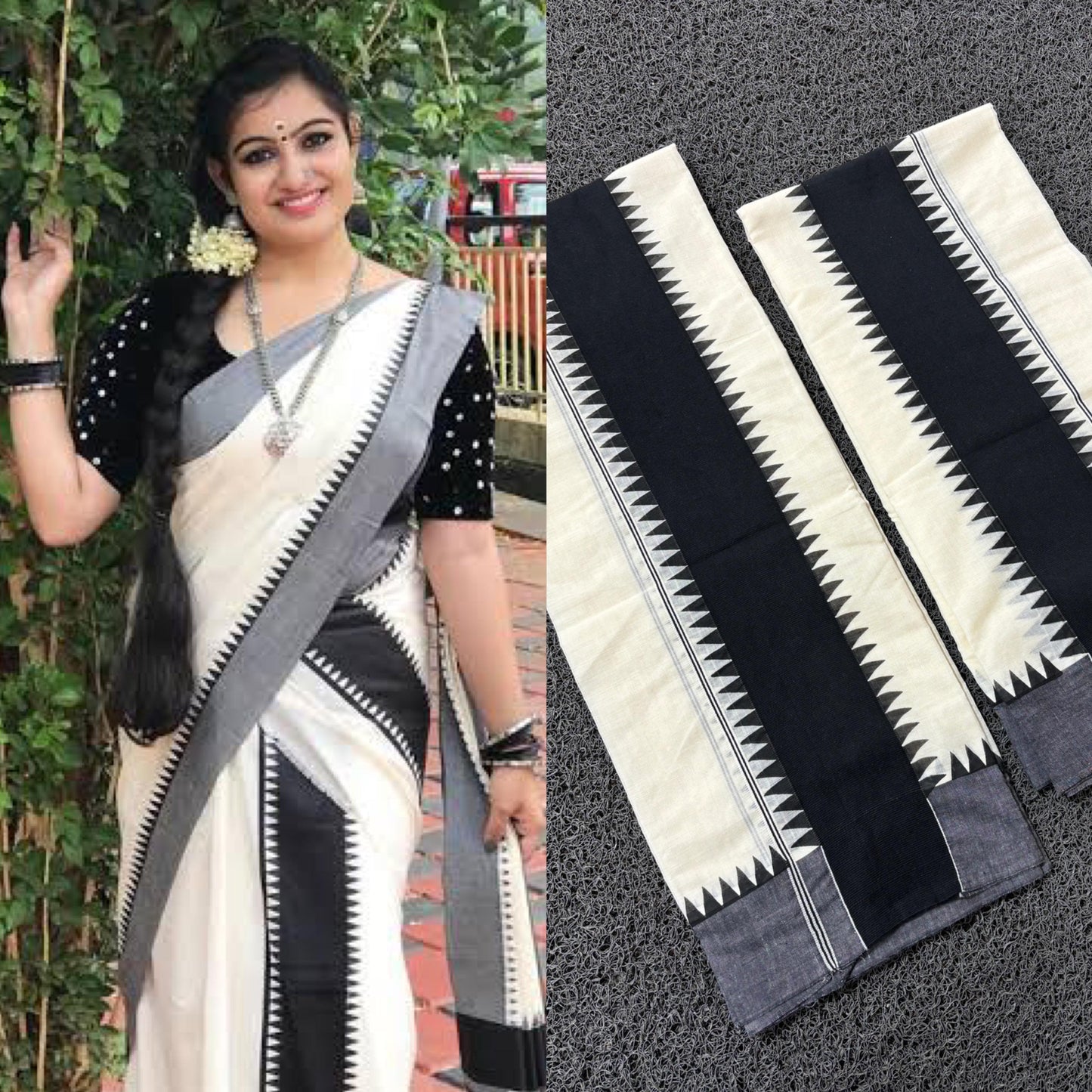 Kerala Pure Cotton Set Mundu Single (Mundum Neriyathum) with Black Temple Border