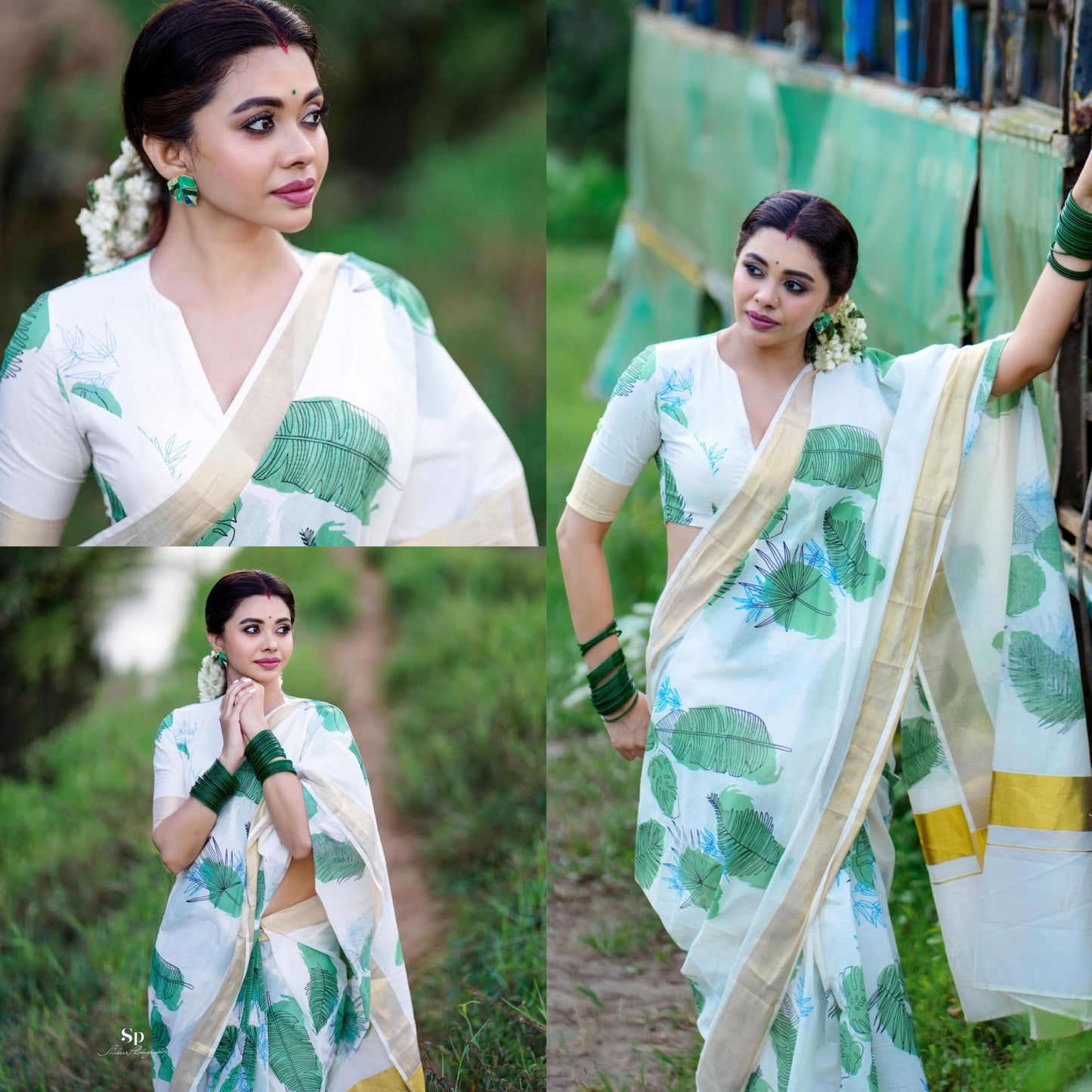 Southloom Green Floral Print Kerala Kasavu Saree