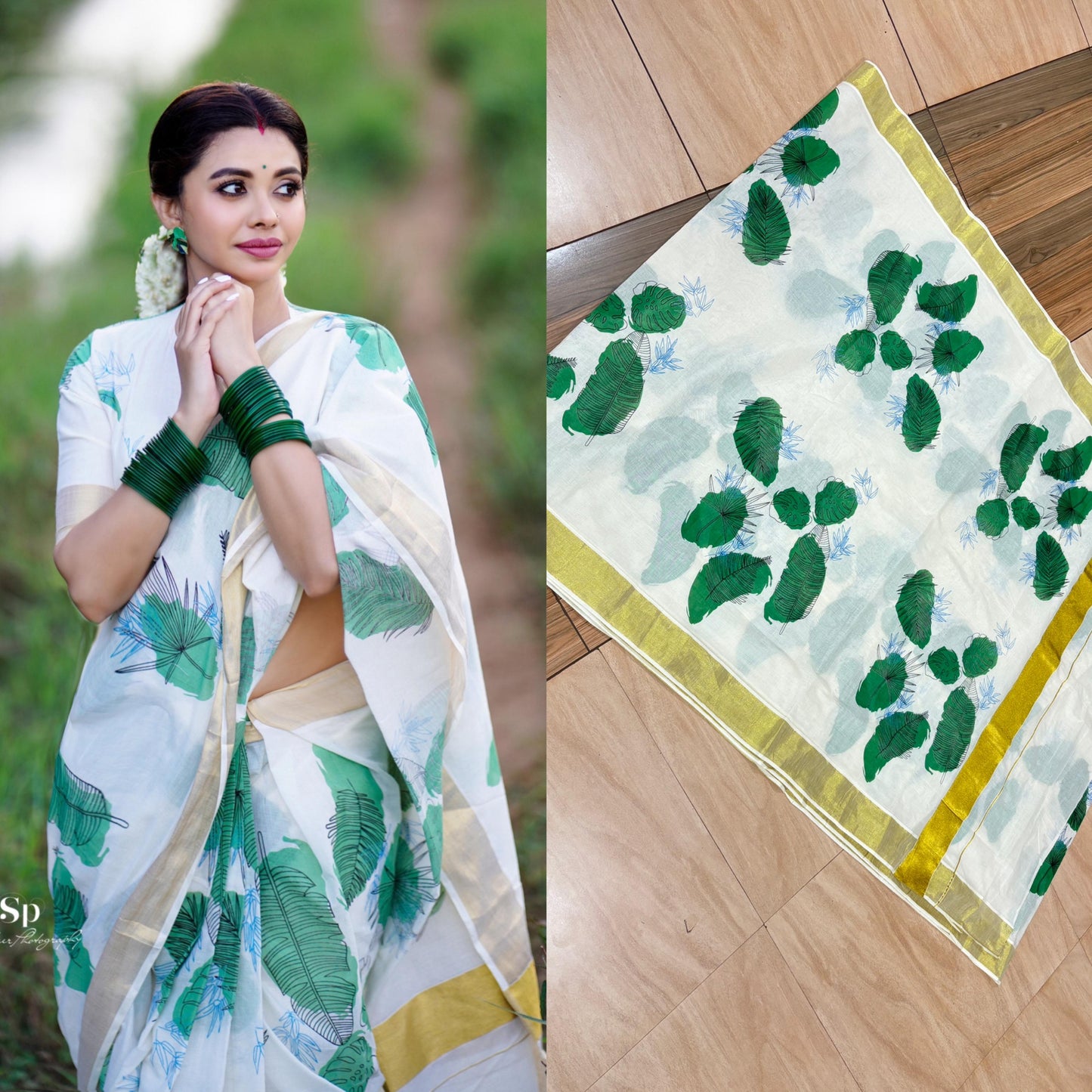 Southloom Green Floral Print Kerala Kasavu Saree