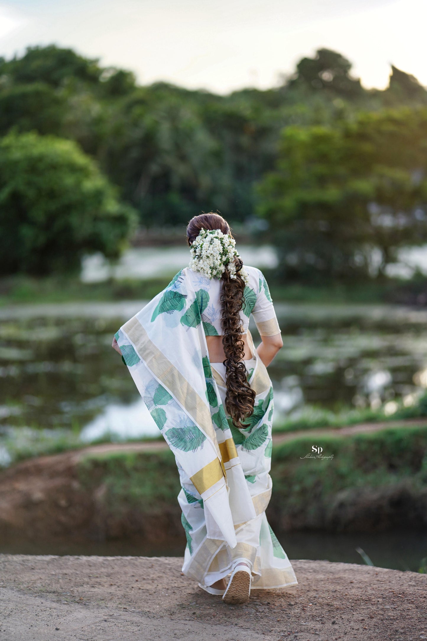 Southloom Green Floral Print Kerala Kasavu Saree