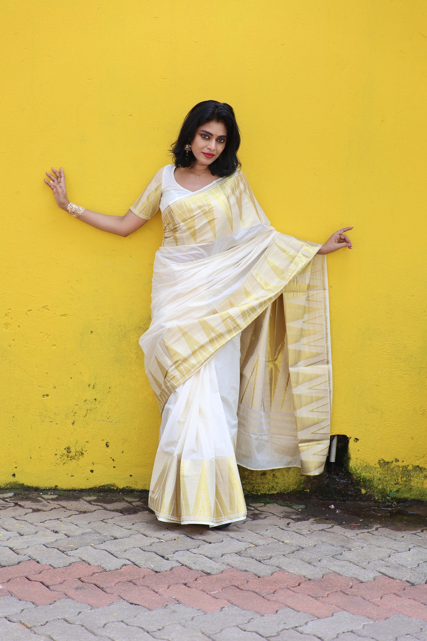 Kerala Cotton Kasavu Saree With Heavy Temple Handwoven Works on Border