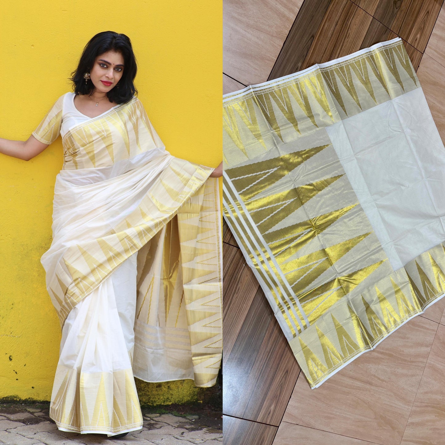 Kerala Cotton Kasavu Saree With Heavy Temple Handwoven Works on Border