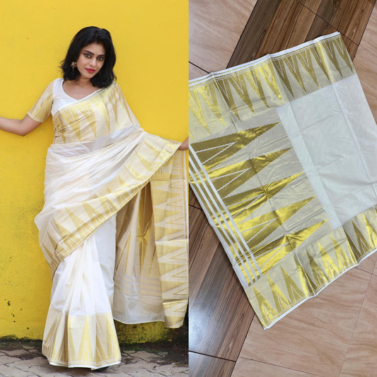 Kerala Cotton Kasavu Saree With Heavy Temple Handwoven Works on Border