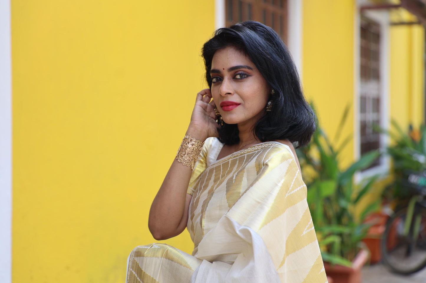 Kerala Cotton Kasavu Saree With Heavy Temple Handwoven Works on Border