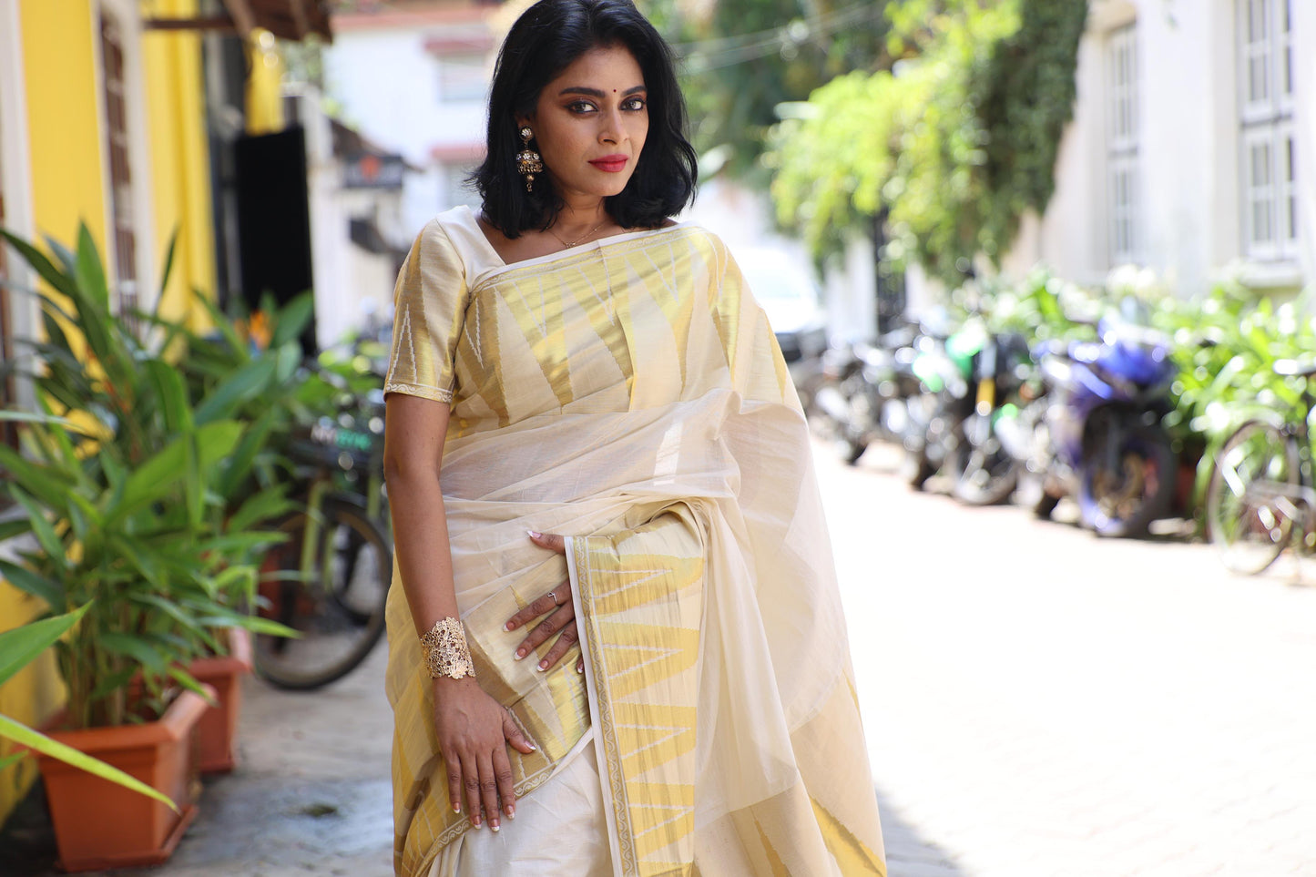 Kerala Cotton Kasavu Saree With Heavy Temple Handwoven Works on Border