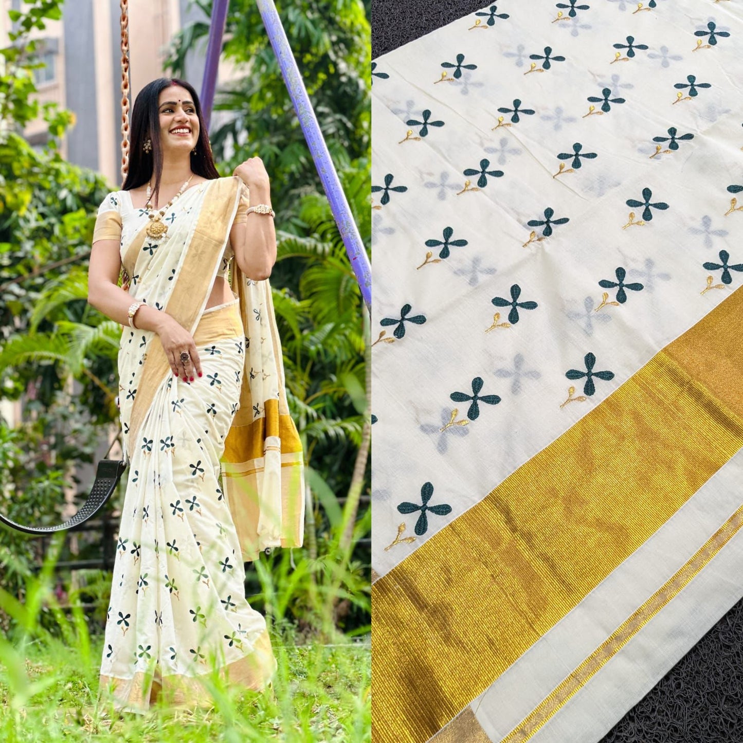 Pure Cotton Kerala Kasavu Saree with Floral Embroidery Designs