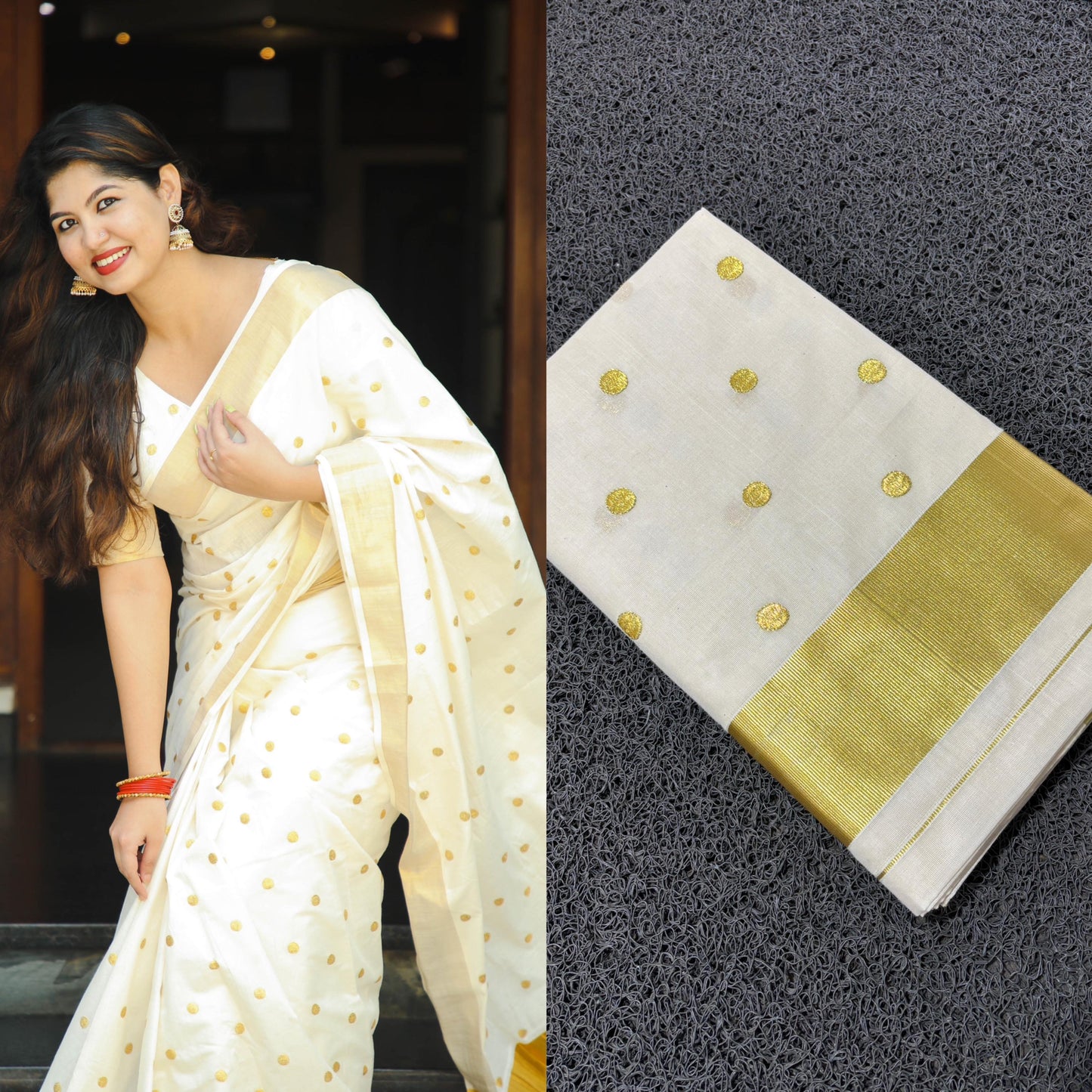 Kerala Pure Cotton Saree with Kasav and Small Golden Embroidery Polka Designs on Body