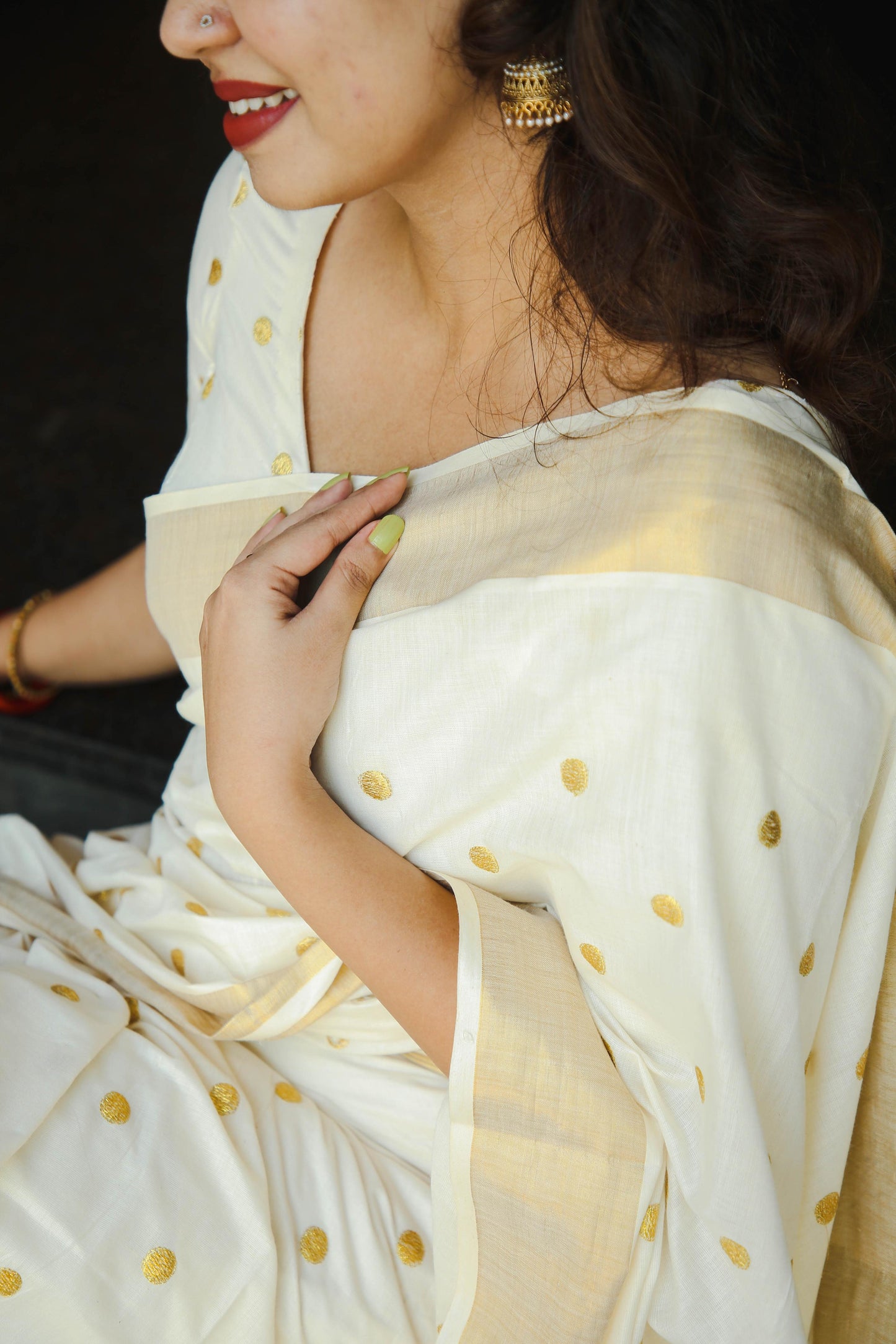 Kerala Pure Cotton Saree with Kasav and Small Golden Embroidery Polka Designs on Body