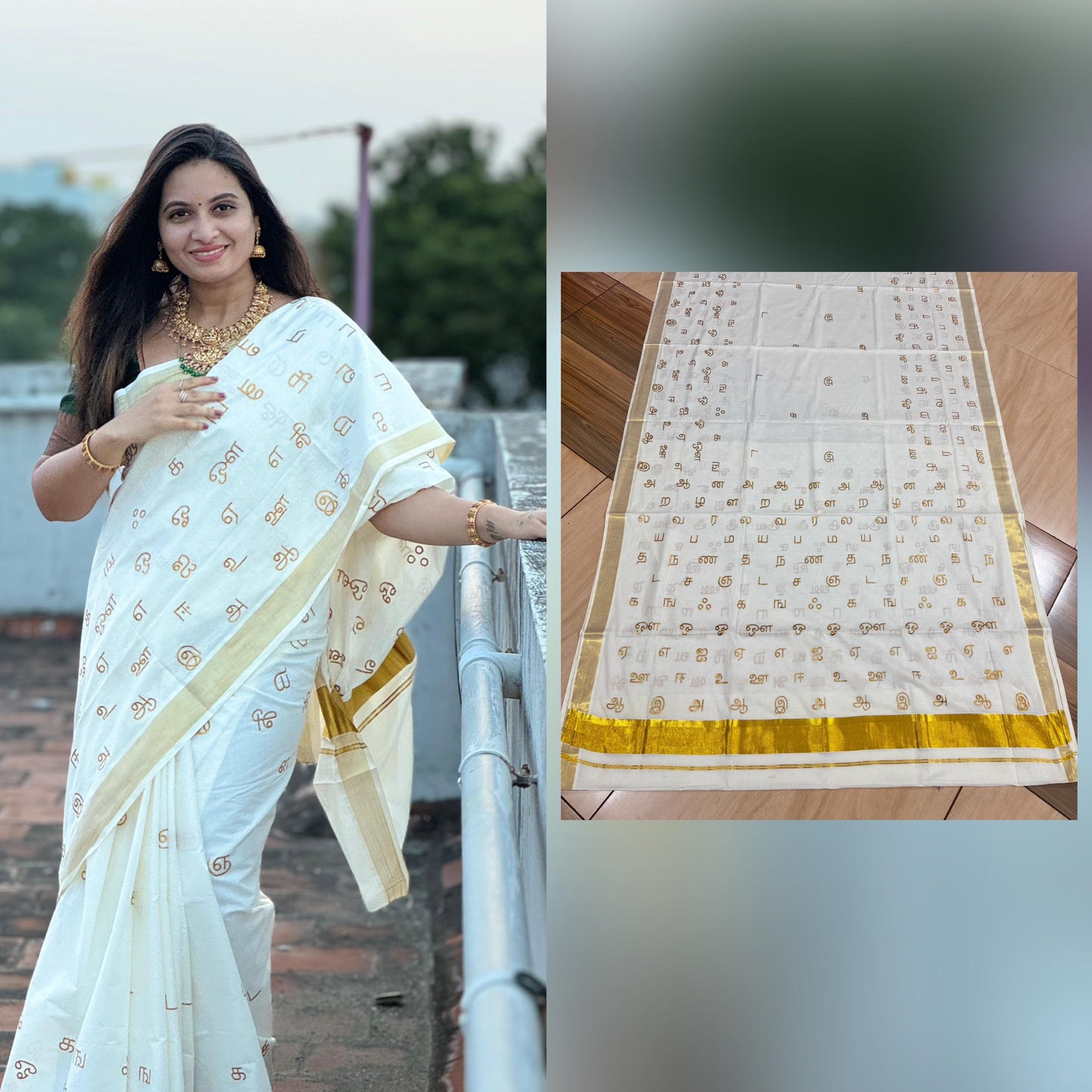 Southloom Kerala Kasavu Saree with Tamil Aksharamala Embroidery Work on Body