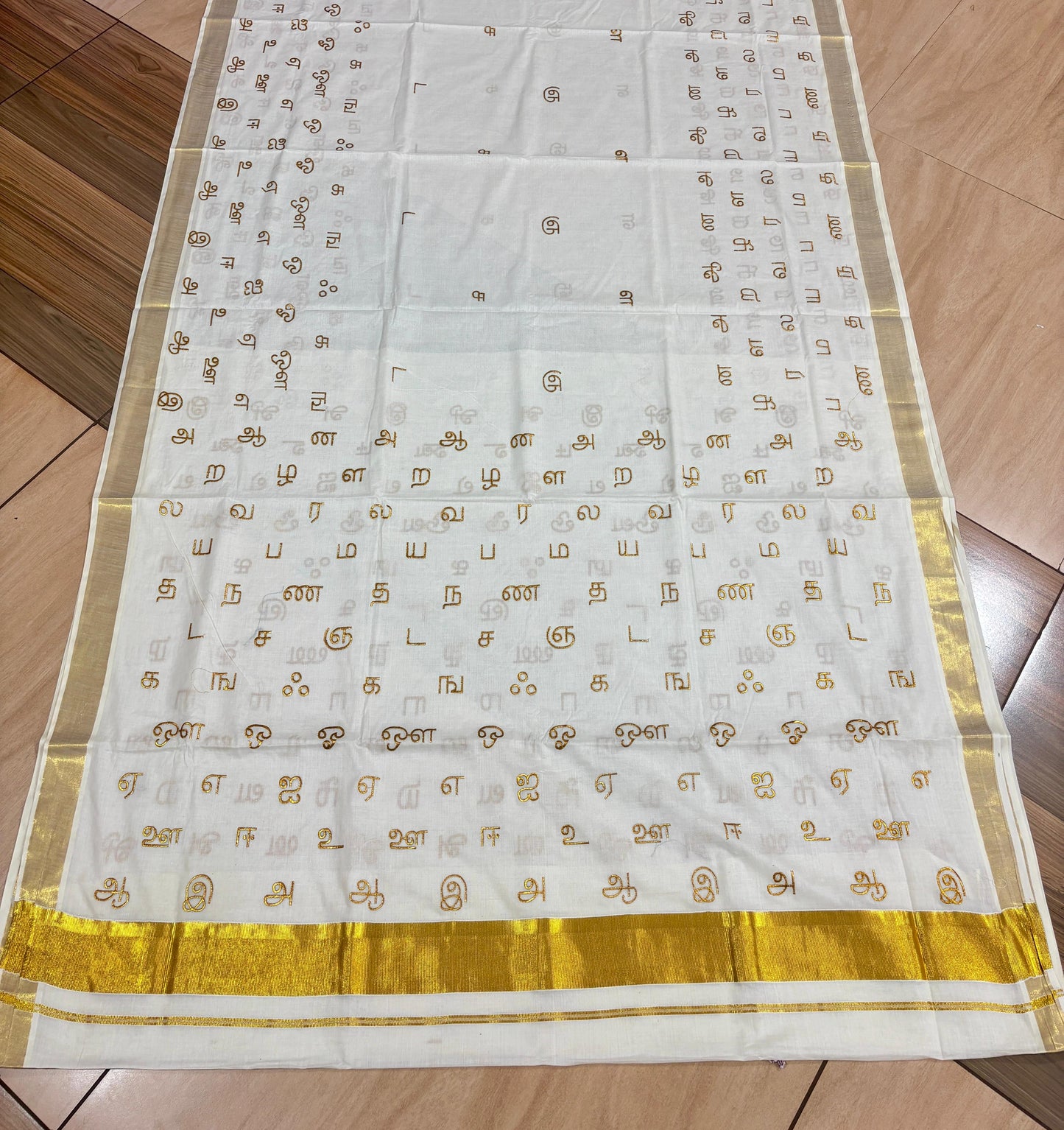 Southloom Kerala Kasavu Saree with Tamil Aksharamala Embroidery Work on Body