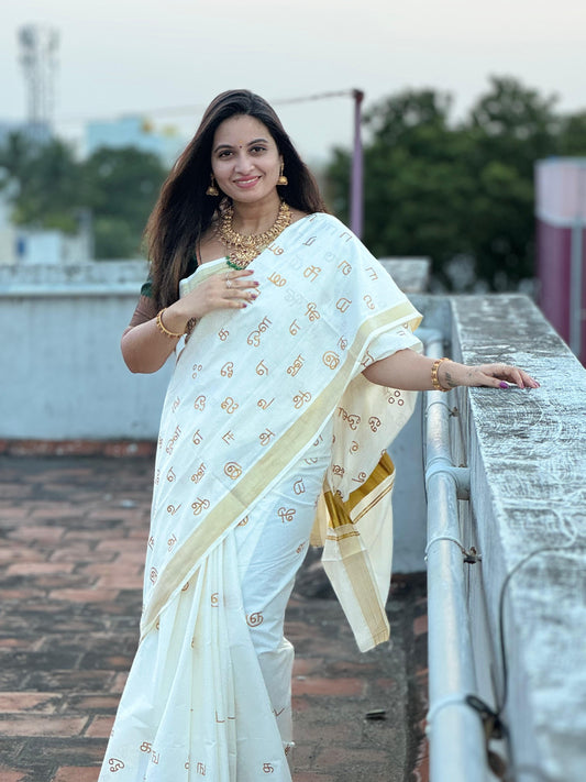 Southloom Kerala Kasavu Saree with Tamil Aksharamala Embroidery Work on Body