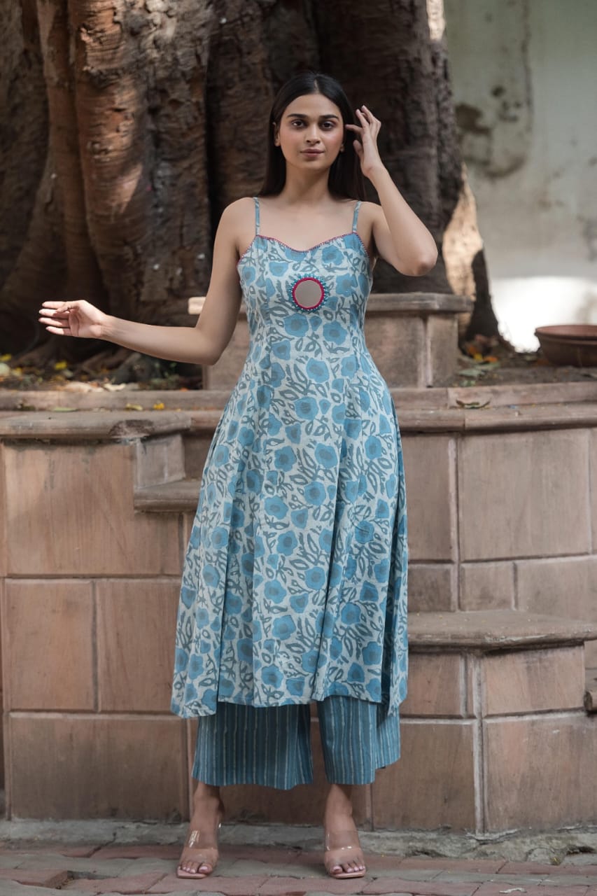 Southloom Original Hand Block Printed Two Piece Kurti Set in Cotton Fabric with Blue Base