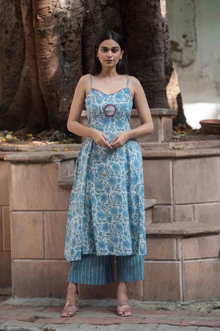 Southloom Original Hand Block Printed Two Piece Kurti Set in Cotton Fabric with Blue Base