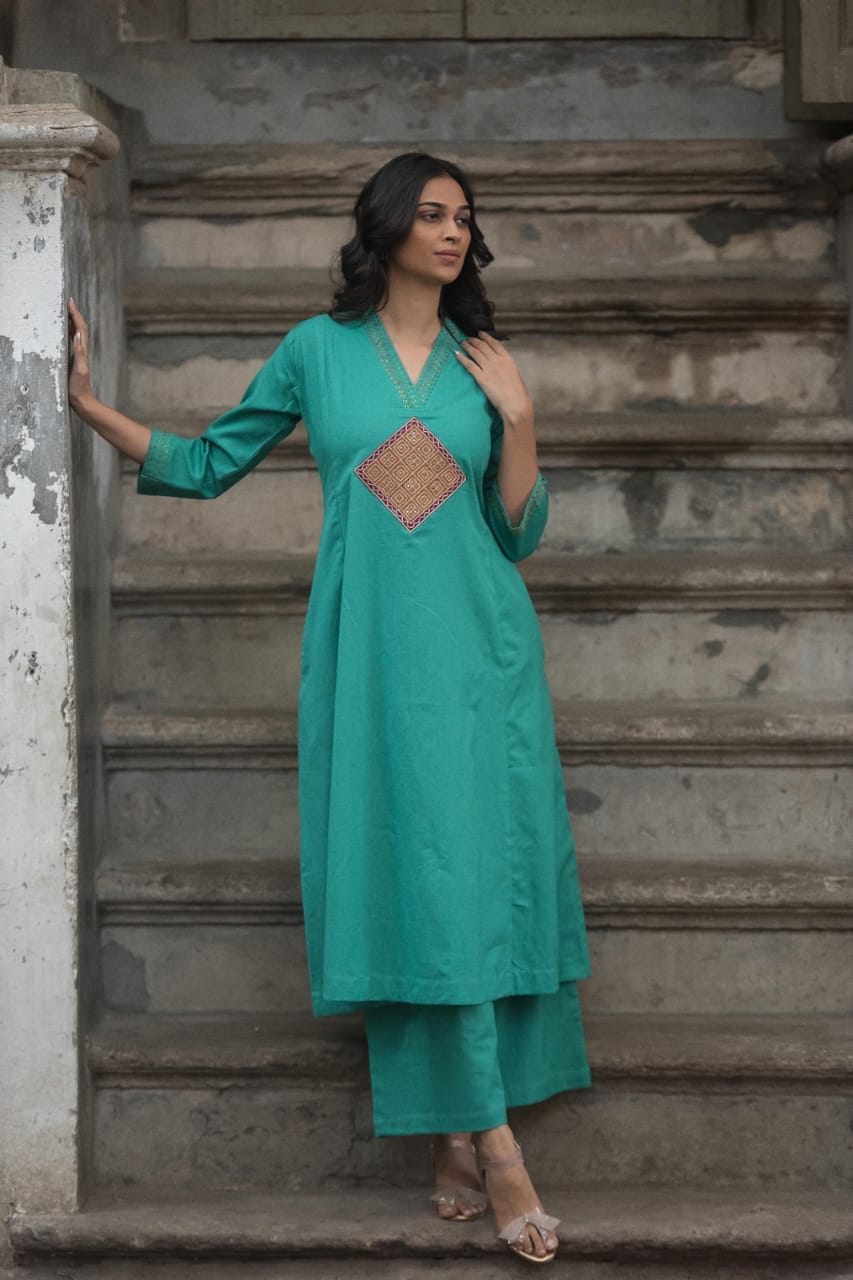 Southloom Original Hand Embroidery Diagonal Design Two Piece Kurti Set in Cotton Fabric with Green Base