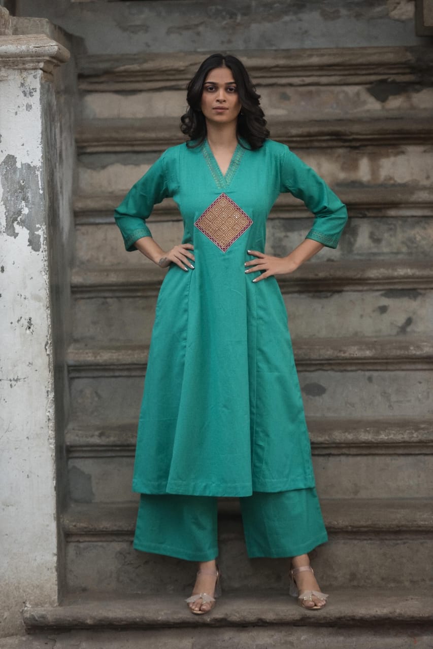 Southloom Original Hand Embroidery Diagonal Design Two Piece Kurti Set in Cotton Fabric with Green Base