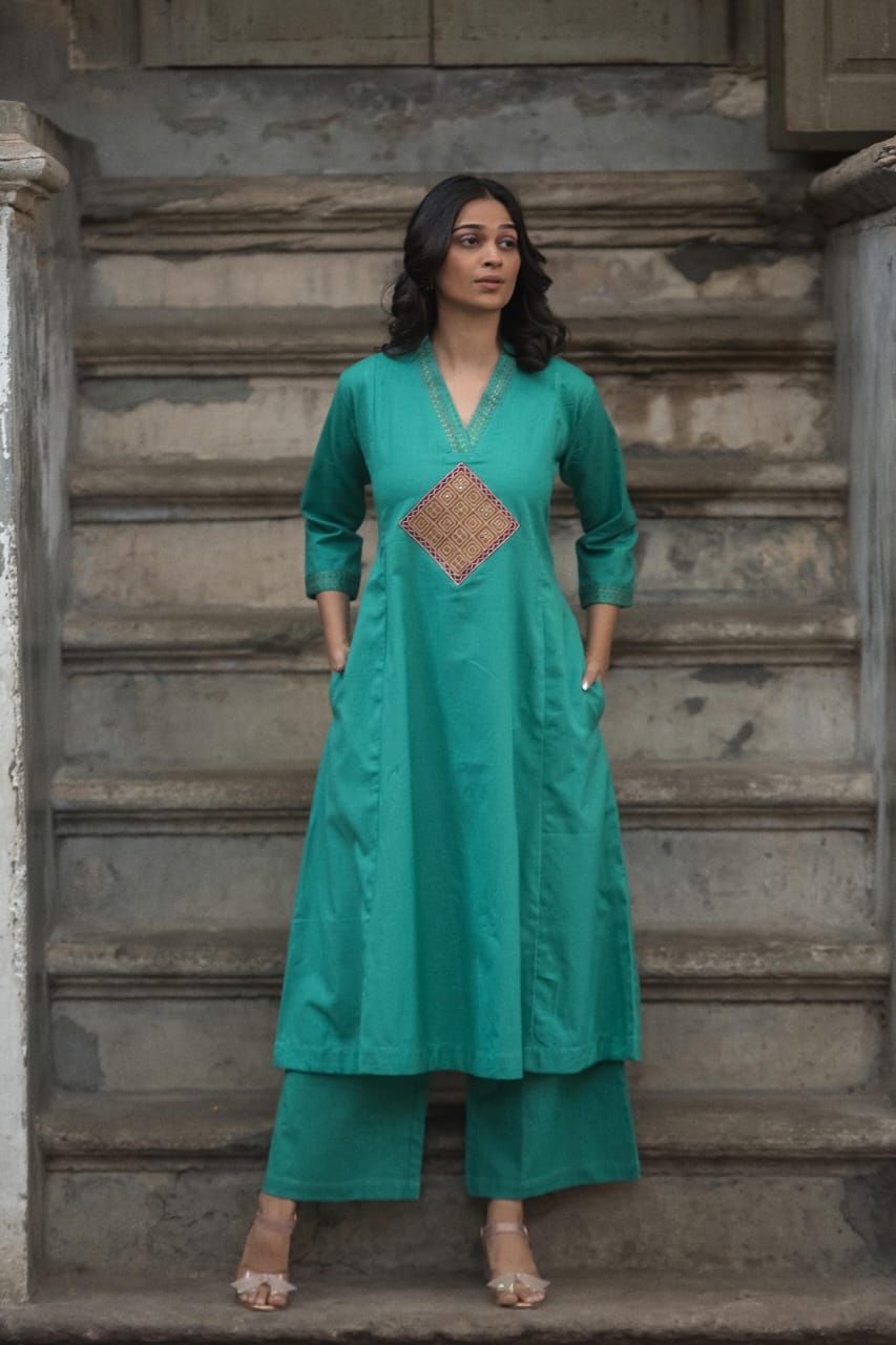 Southloom Original Hand Embroidery Diagonal Design Two Piece Kurti Set in Cotton Fabric with Green Base