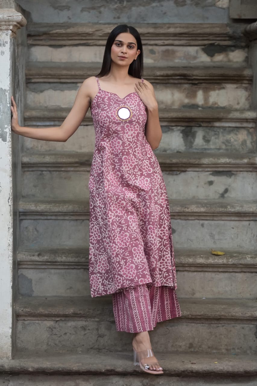 Southloom Original Hand Block Printed Two Piece Kurti Set in Cotton Fabric with Pink Base