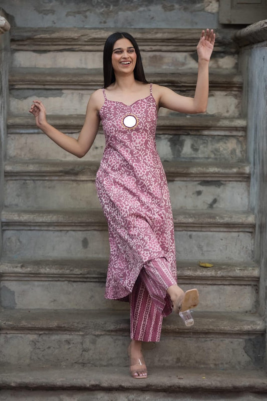 Southloom Original Hand Block Printed Two Piece Kurti Set in Cotton Fabric with Pink Base