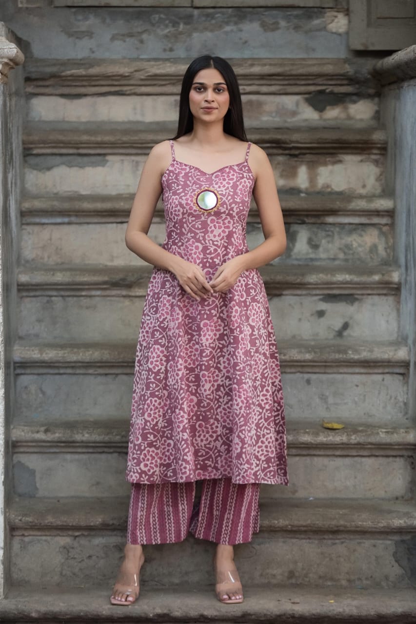 Southloom Original Hand Block Printed Two Piece Kurti Set in Cotton Fabric with Pink Base