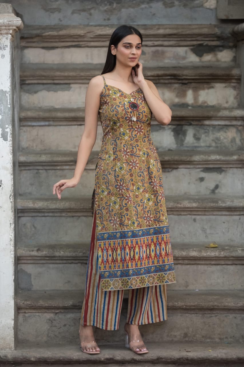 Southloom Original Hand Block Printed Two Piece Kurti Set in Cotton Fabric with Multi Colour Base