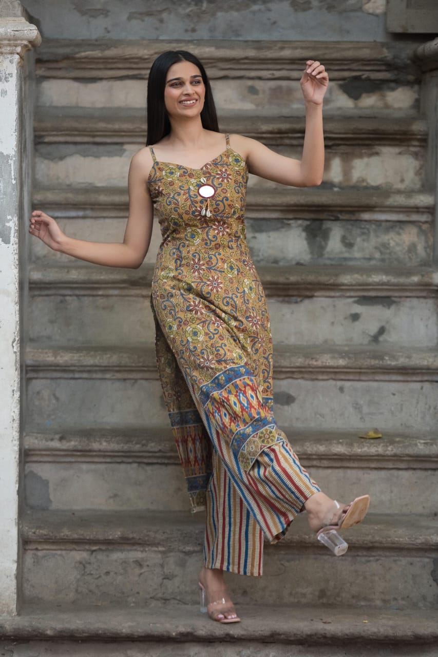 Southloom Original Hand Block Printed Two Piece Kurti Set in Cotton Fabric with Multi Colour Base