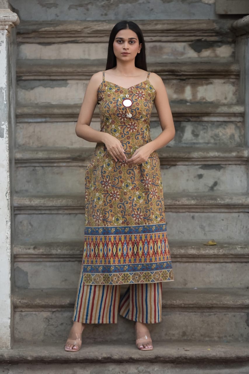 Southloom Original Hand Block Printed Two Piece Kurti Set in Cotton Fabric with Multi Colour Base