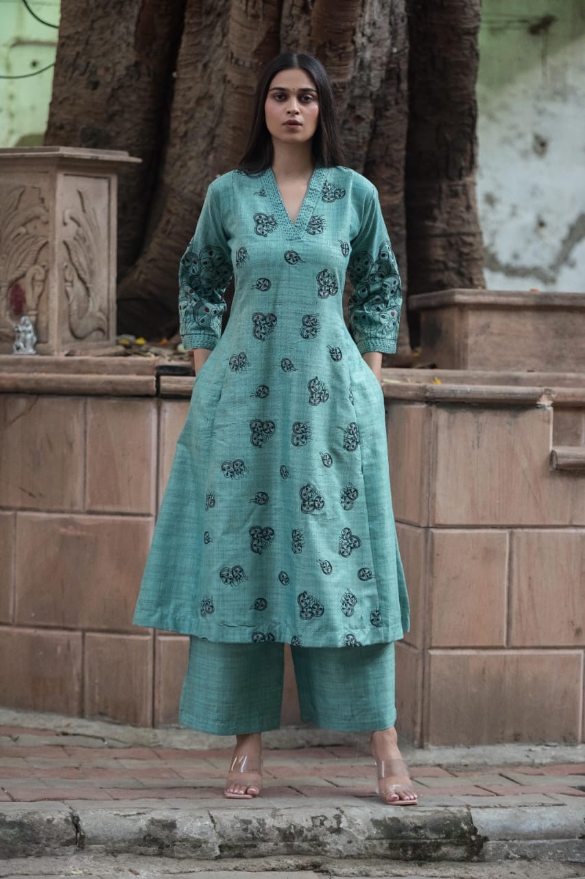 Southloom Original Hand Block Printed Two Piece Kurti Set in Cotton Fabric with Blue Base