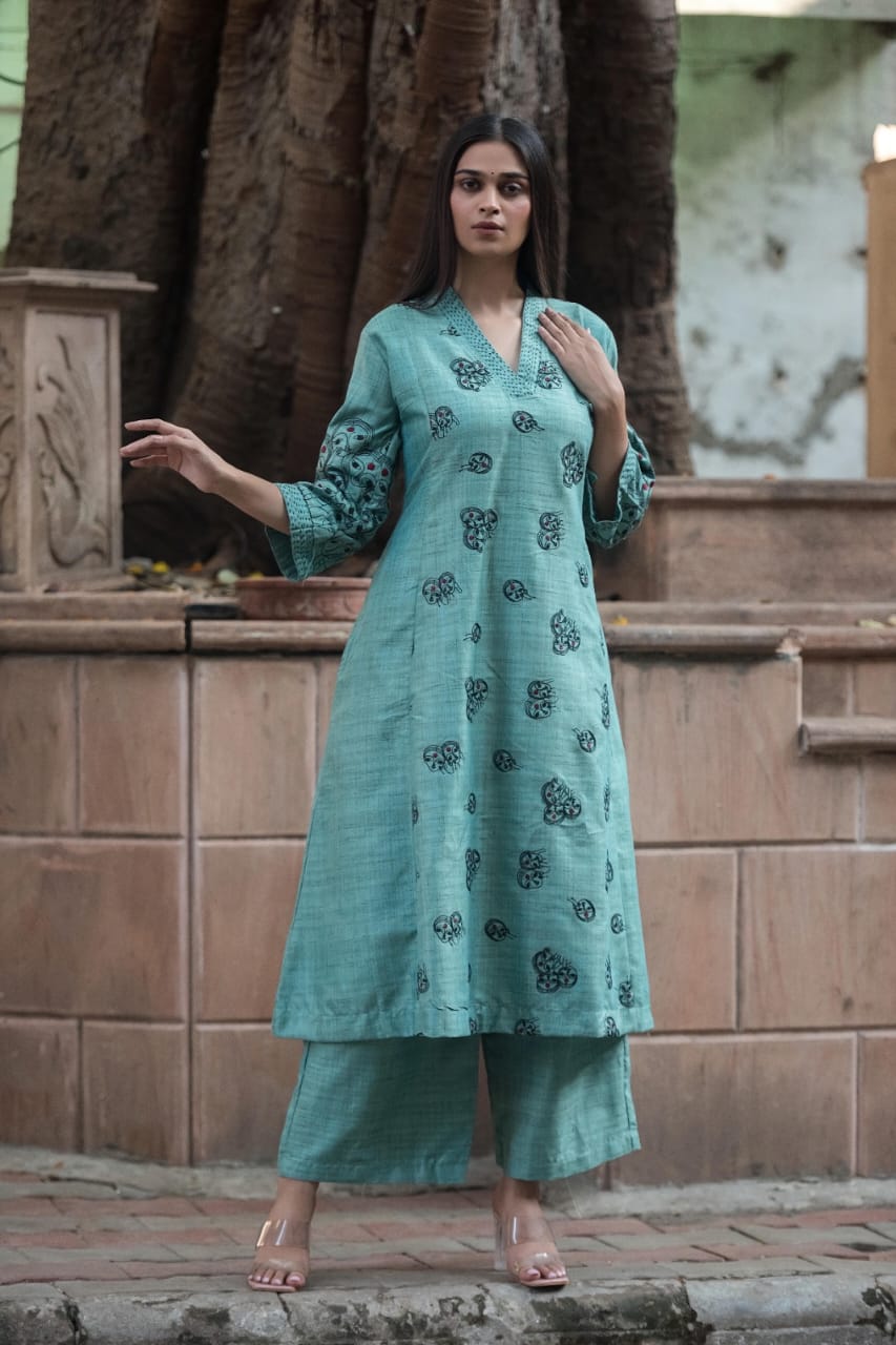 Southloom Original Hand Block Printed Two Piece Kurti Set in Cotton Fabric with Blue Base