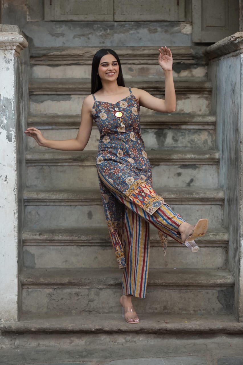 Southloom Original Hand Block Printed Two Piece Kurti Set in Cotton Fabric with Multi Colour Base