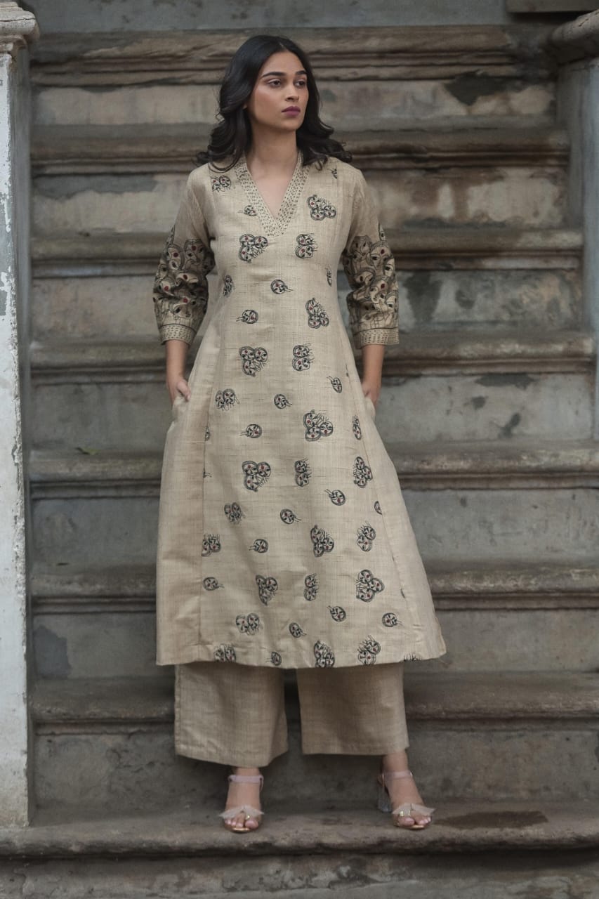 Southloom Original Hand Block Printed Two Piece Kurti Set in Cotton Fabric with Grey Base