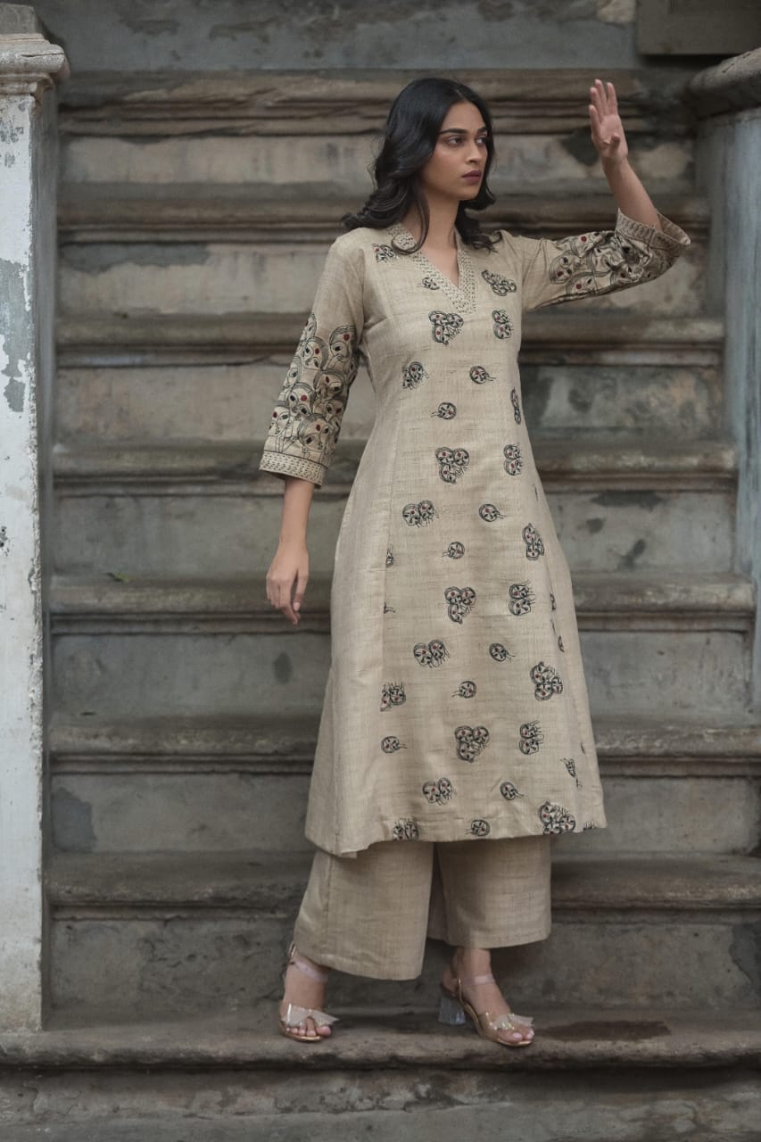 Southloom Original Hand Block Printed Two Piece Kurti Set in Cotton Fabric with Grey Base