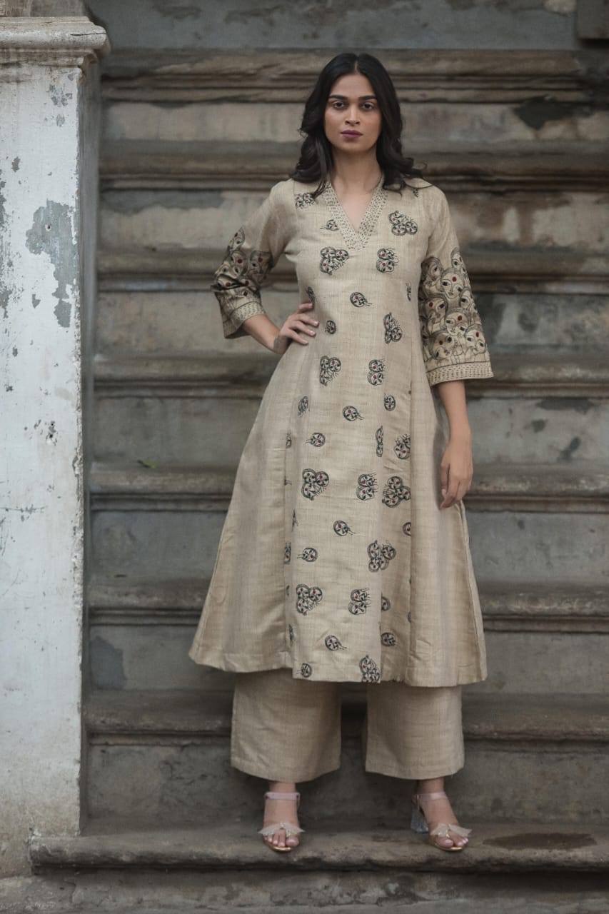 Southloom Original Hand Block Printed Two Piece Kurti Set in Cotton Fabric with Grey Base