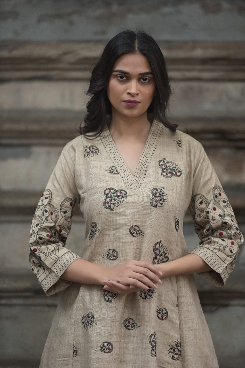 Southloom Original Hand Block Printed Two Piece Kurti Set in Cotton Fabric with Grey Base