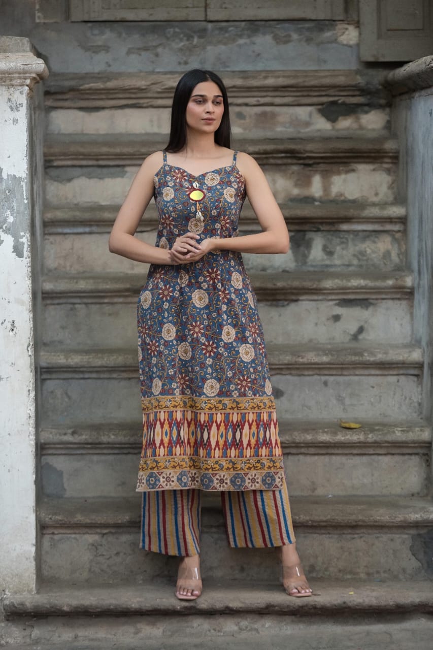 Southloom Original Hand Block Printed Two Piece Kurti Set in Cotton Fabric with Multi Colour Base