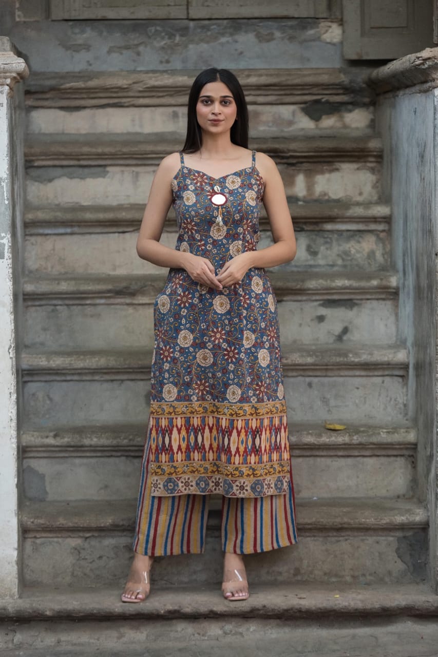 Southloom Original Hand Block Printed Two Piece Kurti Set in Cotton Fabric with Multi Colour Base