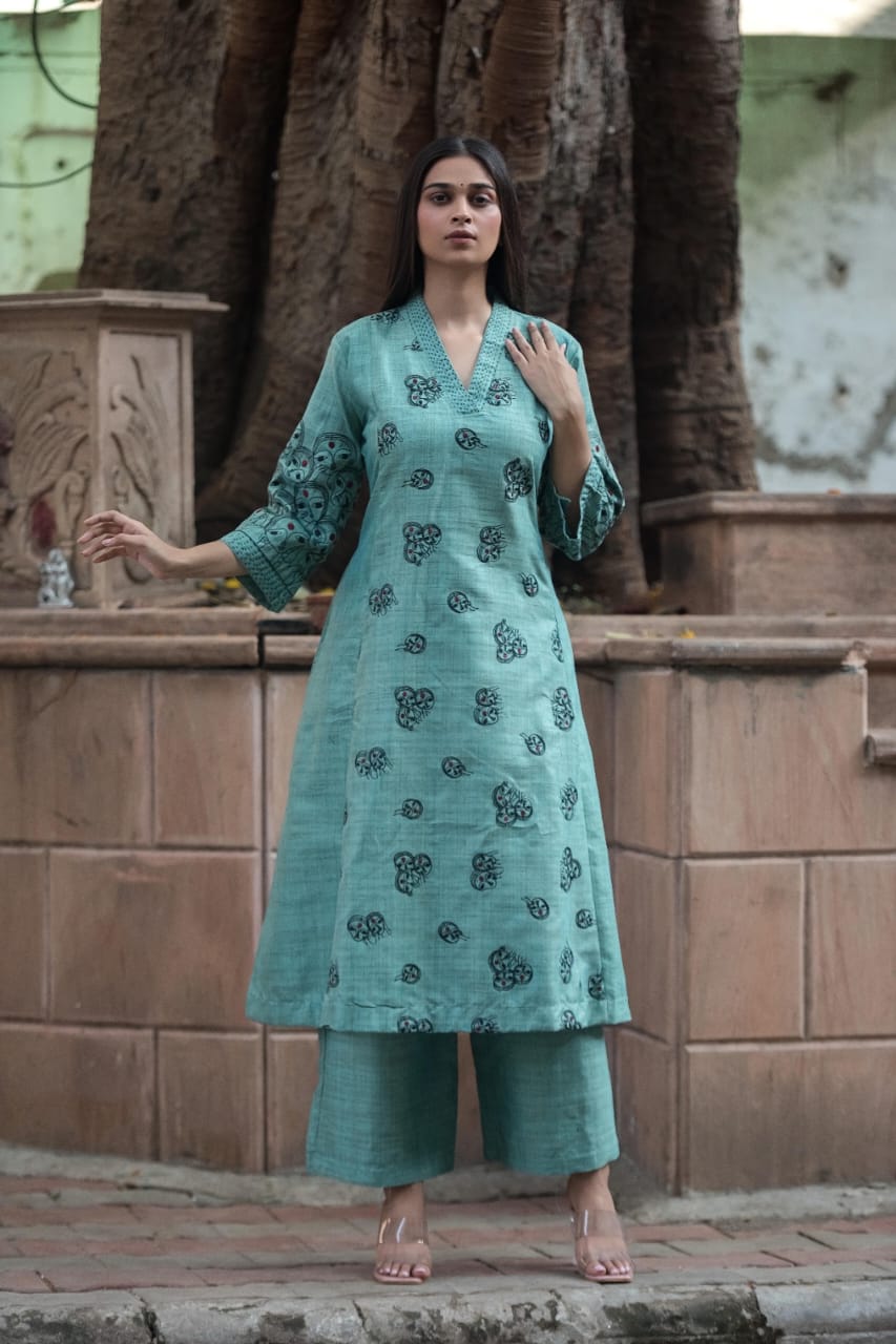 Southloom Original Hand Block Printed Two Piece Kurti Set in Cotton Fabric with Blue Base