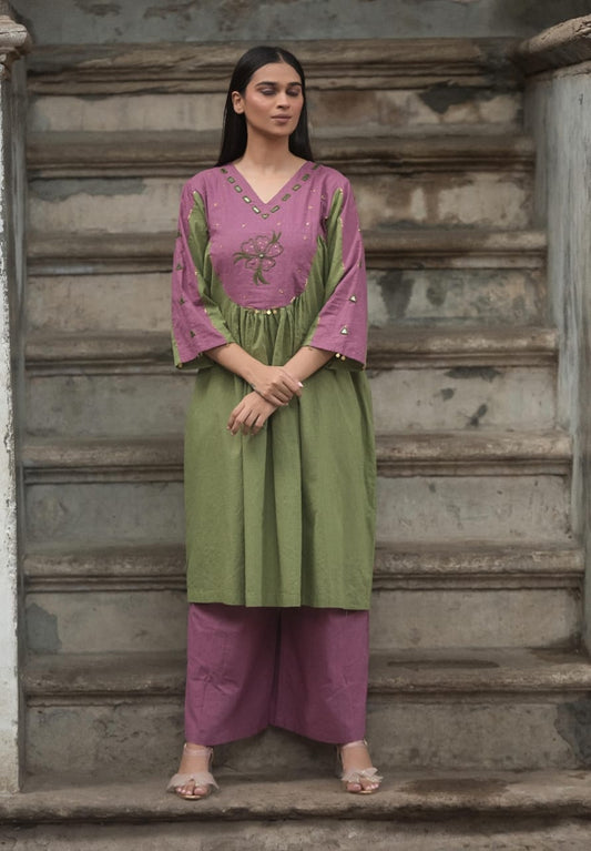 Southloom Original Hand Embroidery Design Two Piece Kurti Set in Cotton Fabric with Violet and Green Colour