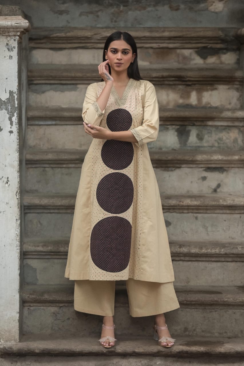 Southloom Original Black Hand Block Printed Two Piece Kurti Set in Cotton Fabric with Cream Base