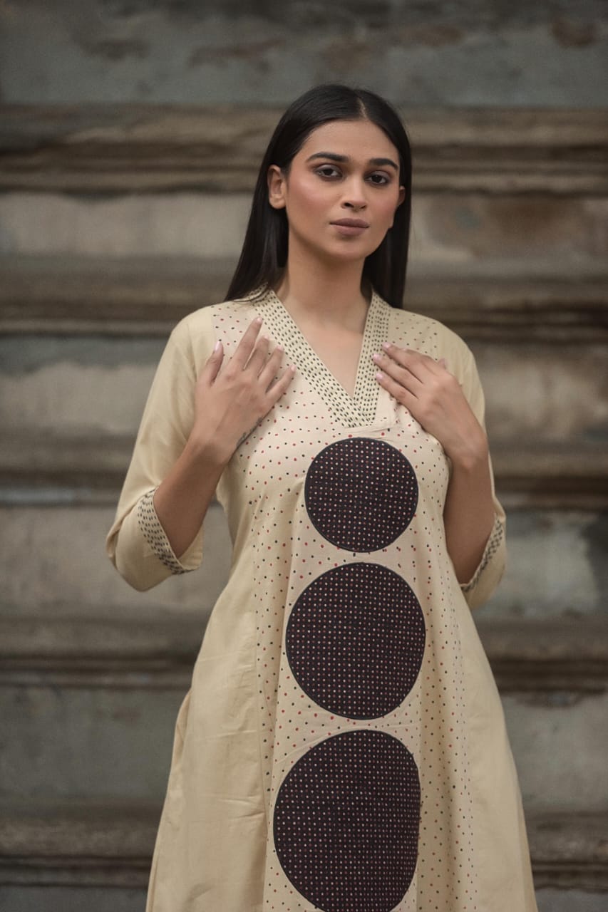 Southloom Original Black Hand Block Printed Two Piece Kurti Set in Cotton Fabric with Cream Base