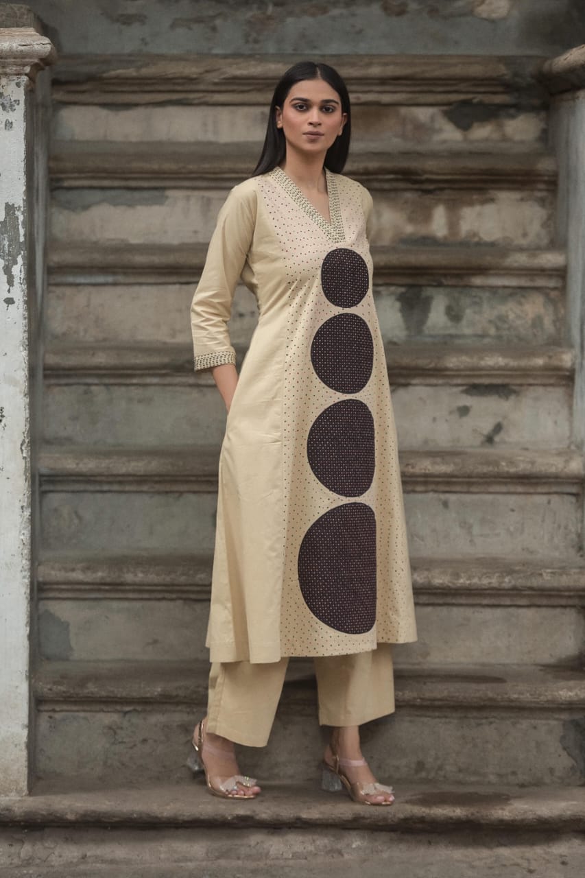 Southloom Original Black Hand Block Printed Two Piece Kurti Set in Cotton Fabric with Cream Base