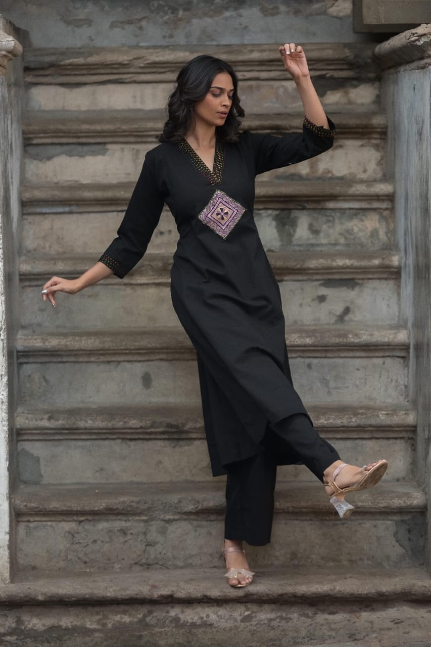 Southloom Original Hand Embroidery Diagonal Design Two Piece Kurti Set in Cotton Fabric with Black Base