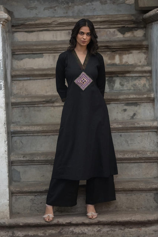 Southloom Original Hand Embroidery Diagonal Design Two Piece Kurti Set in Cotton Fabric with Black Base