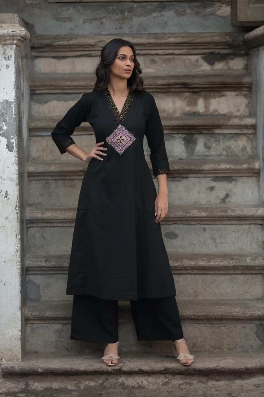 Southloom Original Hand Embroidery Diagonal Design Two Piece Kurti Set in Cotton Fabric with Black Base