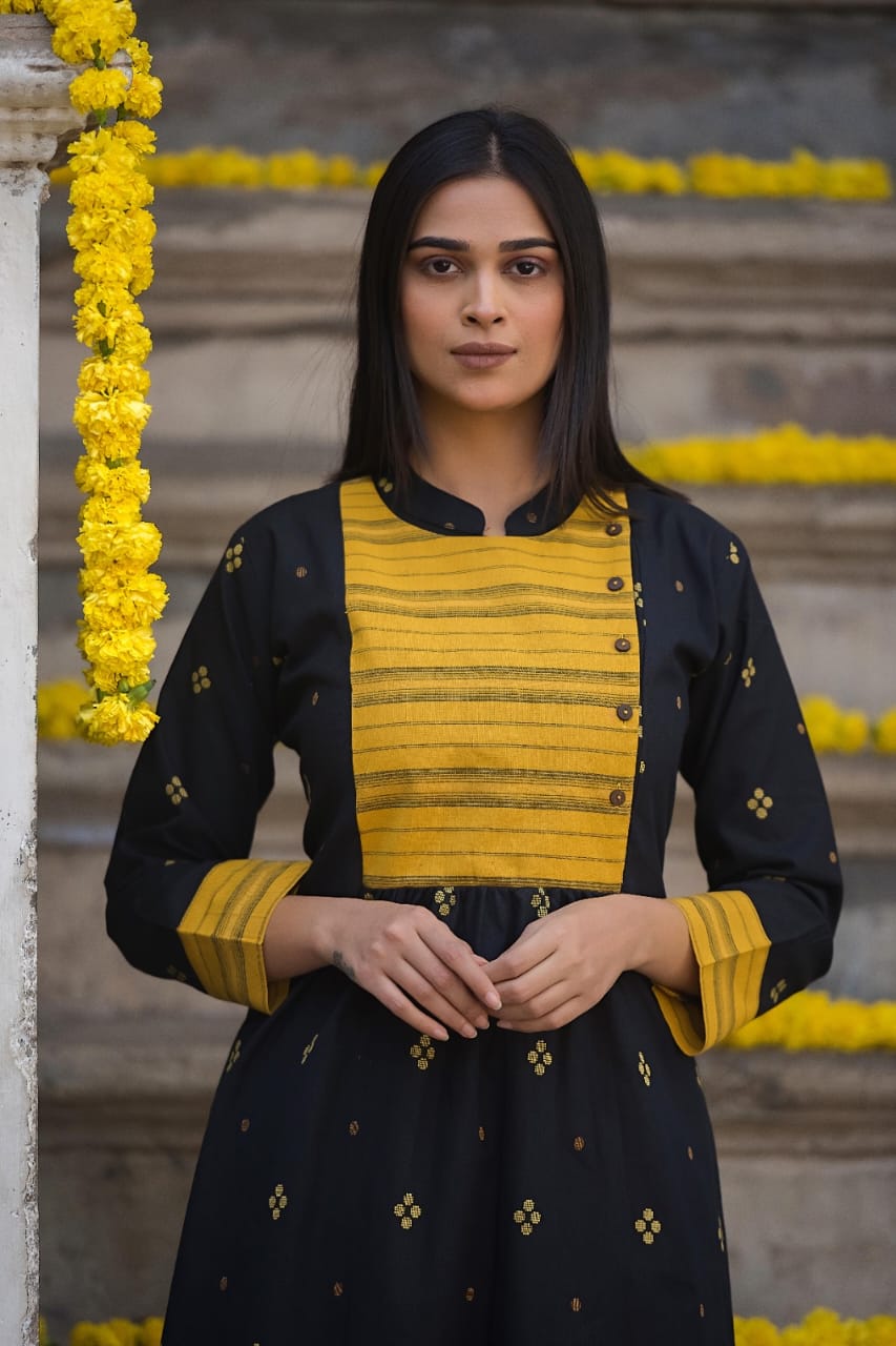 Southloom Original Hand Block Printed Two Piece Kurti Set in Cotton Fabric with Yellow and Black Base