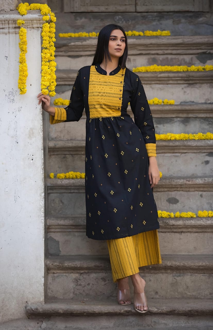 Southloom Original Hand Block Printed Two Piece Kurti Set in Cotton Fabric with Yellow and Black Base