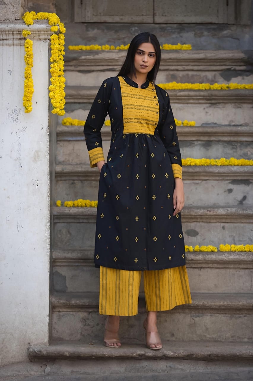 Southloom Original Hand Block Printed Two Piece Kurti Set in Cotton Fabric with Yellow and Black Base