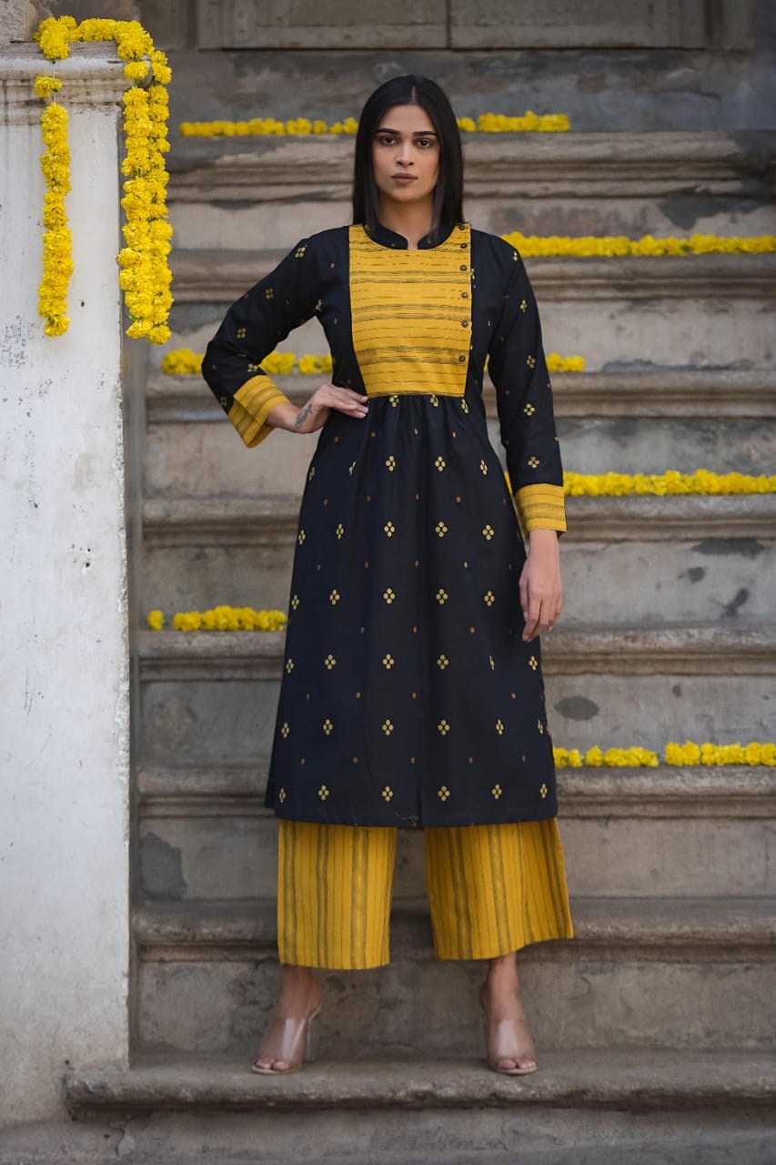 Southloom Original Hand Block Printed Two Piece Kurti Set in Cotton Fabric with Yellow and Black Base