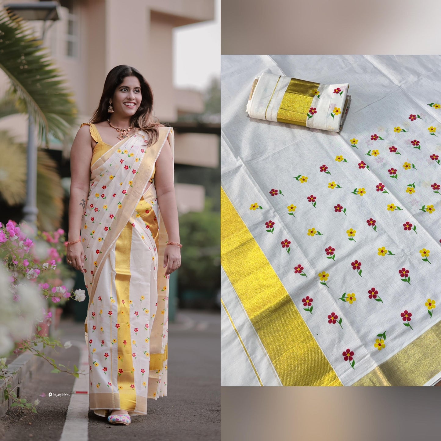 Kerala Cotton Single Set Mundu (Mundum Neriyathum) with Yellow And Red Floral Block Printed Design 2.80Mtrs