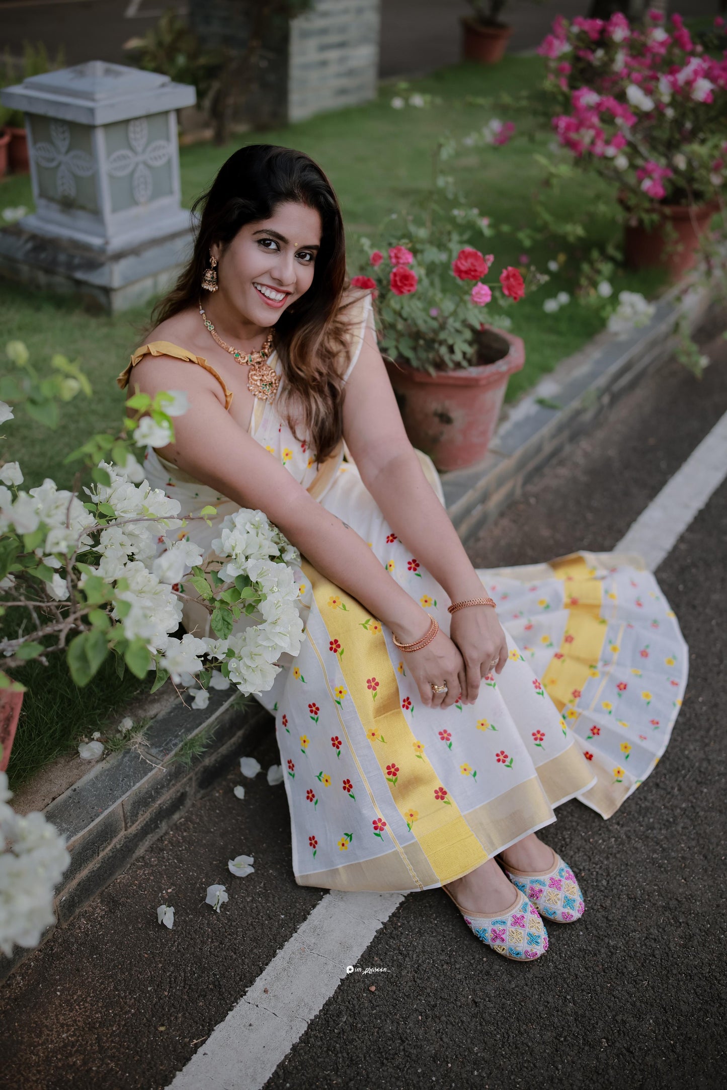 Kerala Cotton Single Set Mundu (Mundum Neriyathum) with Yellow And Red Floral Block Printed Design 2.80Mtrs